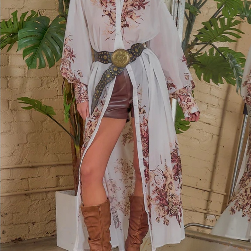 Itoo Italy Floral Maxi Shirt Dress Sheer Long Sleeve Belted Size Large - Picture 3 of 11